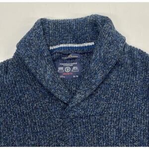 American Eagle Wool Blend Shawl Collar Sweater Mens XL Heathered Blue Pullover